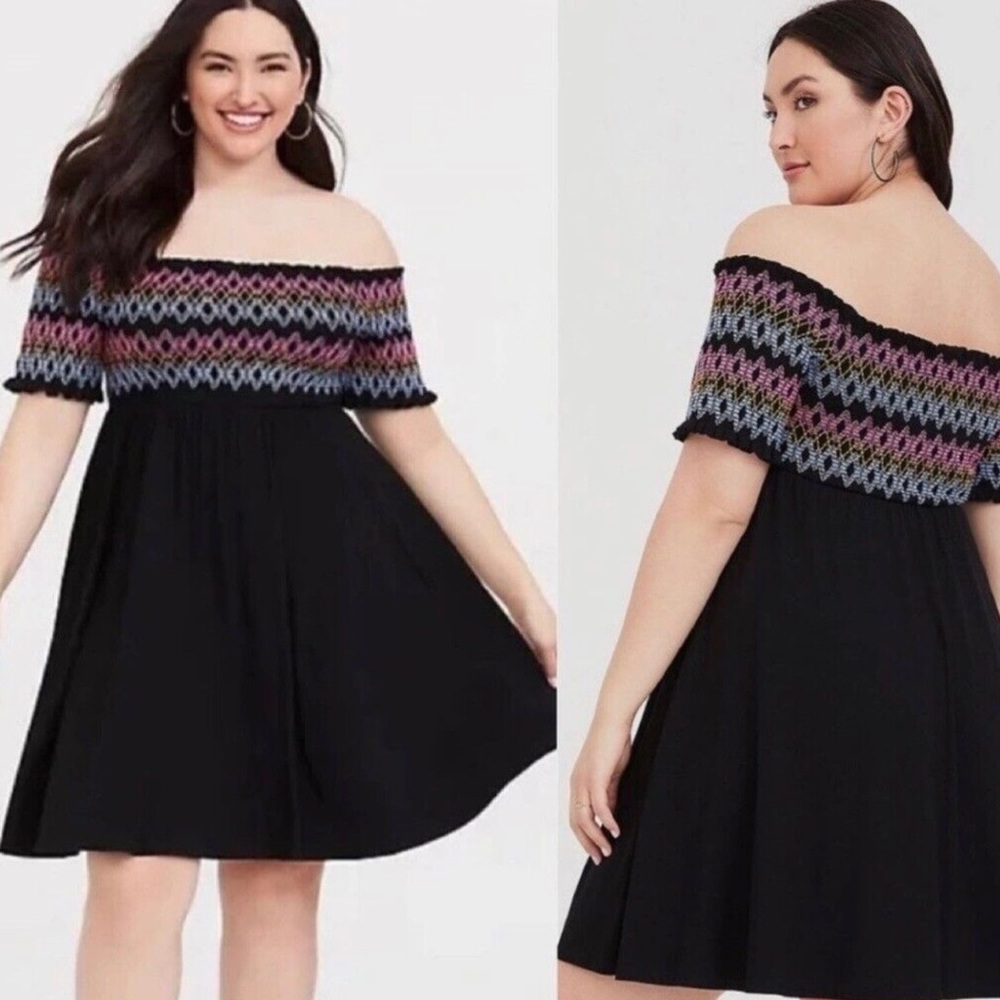 Cute & Comfy! TORRID 3X Black Jersey Off-Shoulder Skater Smocked Dress!